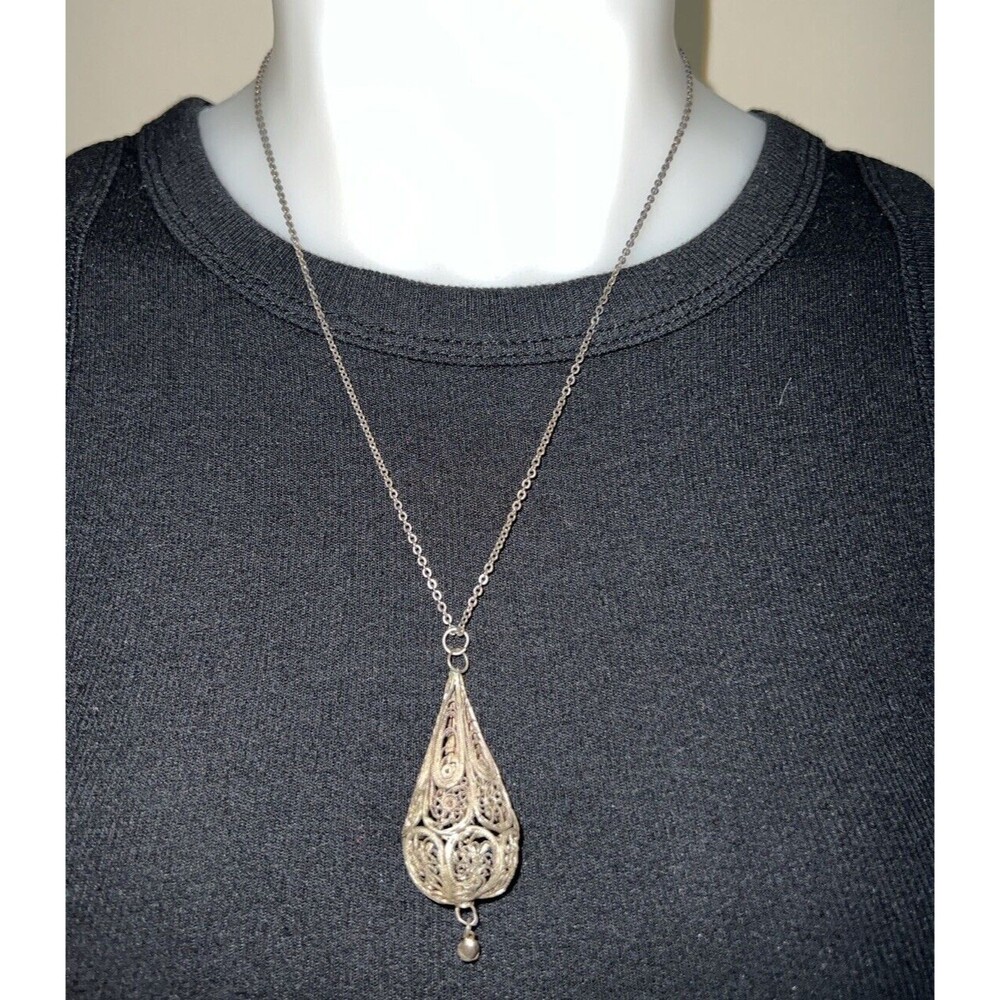 VTG Silver-tone Teardrop Orb Filigree Pendant & Single Strand Necklace